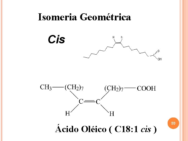 Isomeria Geométrica Cis Ácido Oléico ( C 18: 1 cis ) 33 Isomeria Geométrica Cis Ácido Oléico ( C 18: 1 cis ) 33