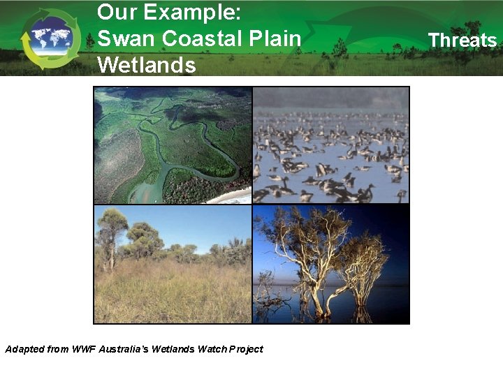Our Example: Swan Coastal Plain Wetlands Adapted from WWF Australia’s Wetlands Watch Project Threats