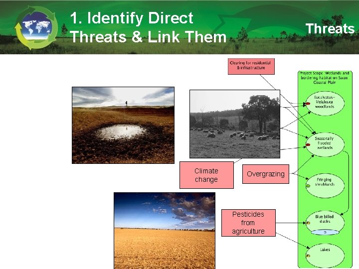 1. Identify Direct Threats & Link Them Climate change Threats Overgrazing Pesticides from agriculture