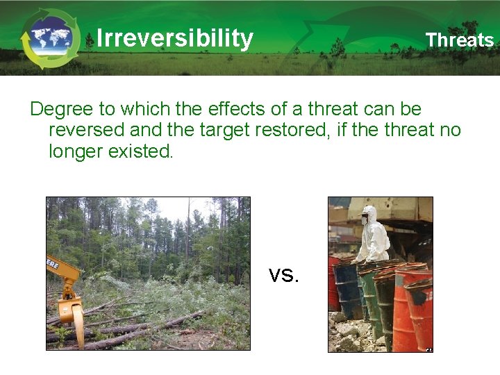 Irreversibility Threats Degree to which the effects of a threat can be reversed and