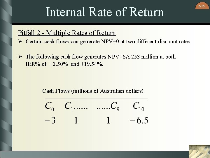 Internal Rate of Return Pitfall 2 - Multiple Rates of Return Ø Certain cash