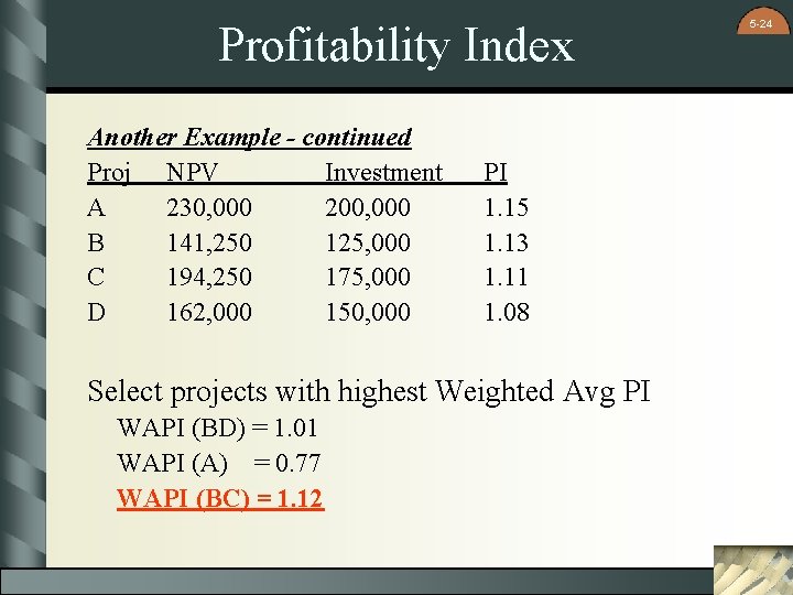 Profitability Index Another Example - continued Proj NPV Investment A 230, 000 200, 000