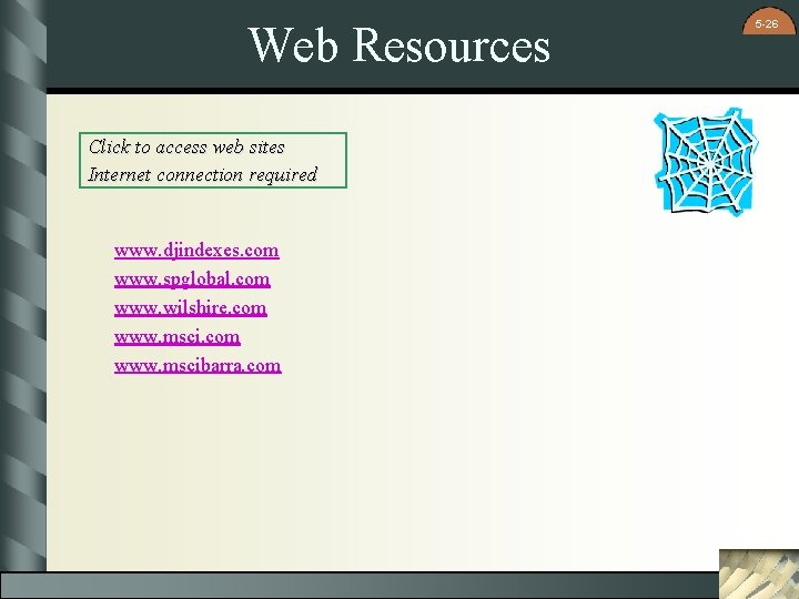 Web Resources Click to access web sites Internet connection required www. djindexes. com www.