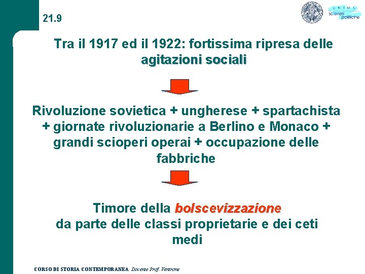 21. 9 Tra il 1917 ed il 1922: fortissima ripresa delle agitazioni sociali Rivoluzione