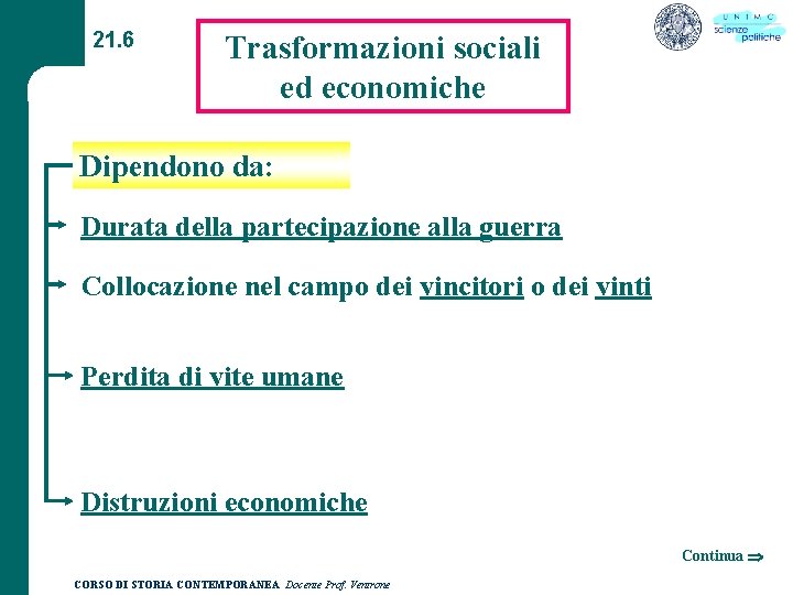 21. 6 Trasformazioni sociali ed economiche Dipendono da: Durata della partecipazione alla guerra Collocazione