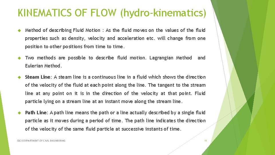 KINEMATICS OF FLOW (hydro-kinematics) Method of describing Fluid Motion : As the fluid moves