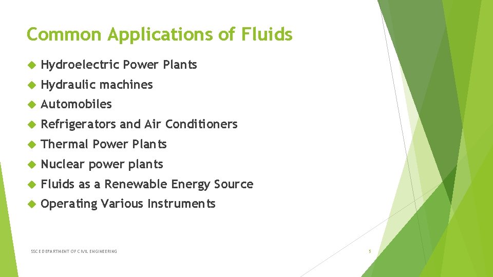 Common Applications of Fluids Hydroelectric Power Plants Hydraulic machines Automobiles Refrigerators and Air Conditioners