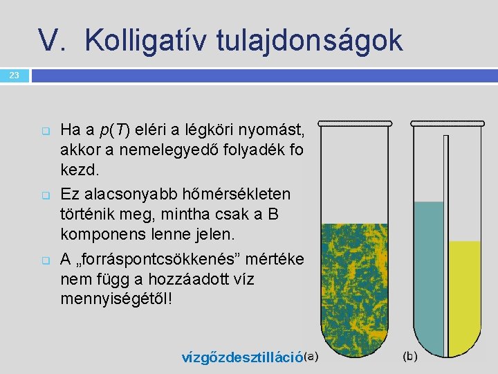 V. Kolligatív tulajdonságok 23 q q q Ha a p(T) eléri a légköri nyomást,