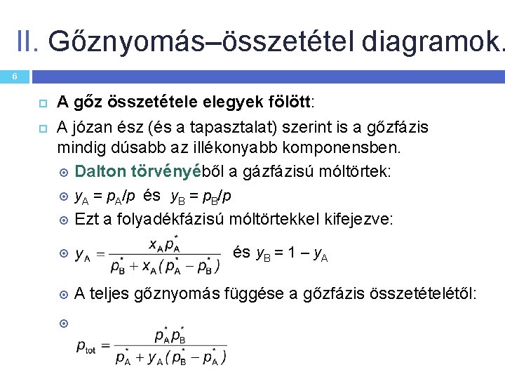 II. Gőznyomás–összetétel diagramok. 6 A gőz összetétele elegyek fölött: A józan ész (és a