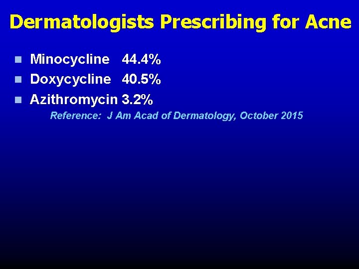 Dermatologists Prescribing for Acne Minocycline 44. 4% n Doxycycline 40. 5% n Azithromycin 3. Dermatologists Prescribing for Acne Minocycline 44. 4% n Doxycycline 40. 5% n Azithromycin 3.