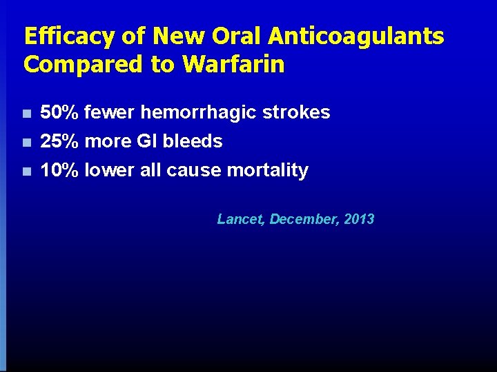 Efficacy of New Oral Anticoagulants Compared to Warfarin n 50% fewer hemorrhagic strokes n Efficacy of New Oral Anticoagulants Compared to Warfarin n 50% fewer hemorrhagic strokes n