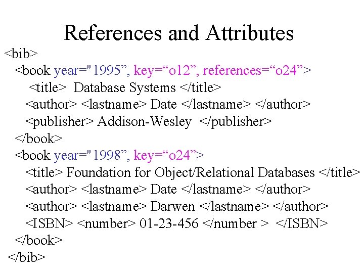 References and Attributes <bib> <book year="1995”, key=“o 12”, references=“o 24”> <title> Database Systems </title>