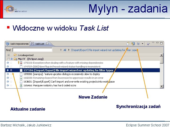 Mylyn - zadania ▪ Widoczne w widoku Task List Nowe Zadanie Aktualne zadanie Bartosz