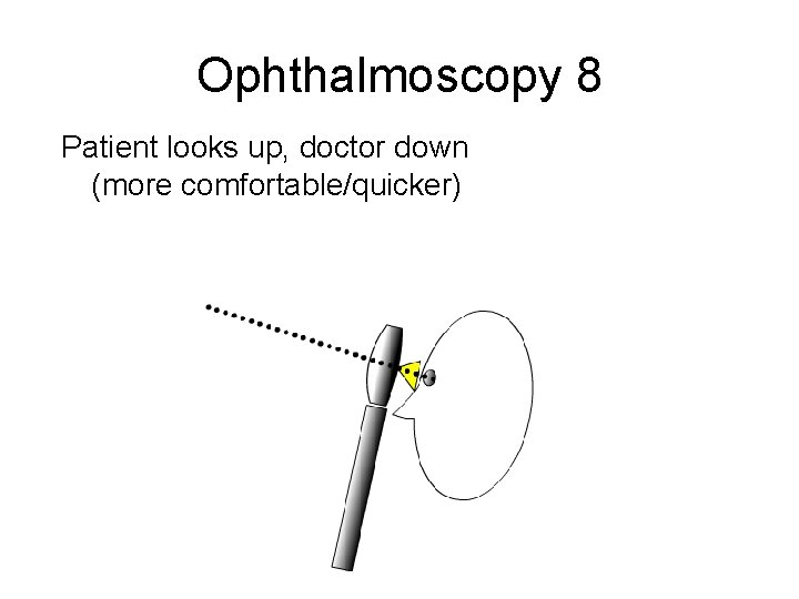 Ophthalmoscopy 8 Patient looks up, doctor down (more comfortable/quicker) 
