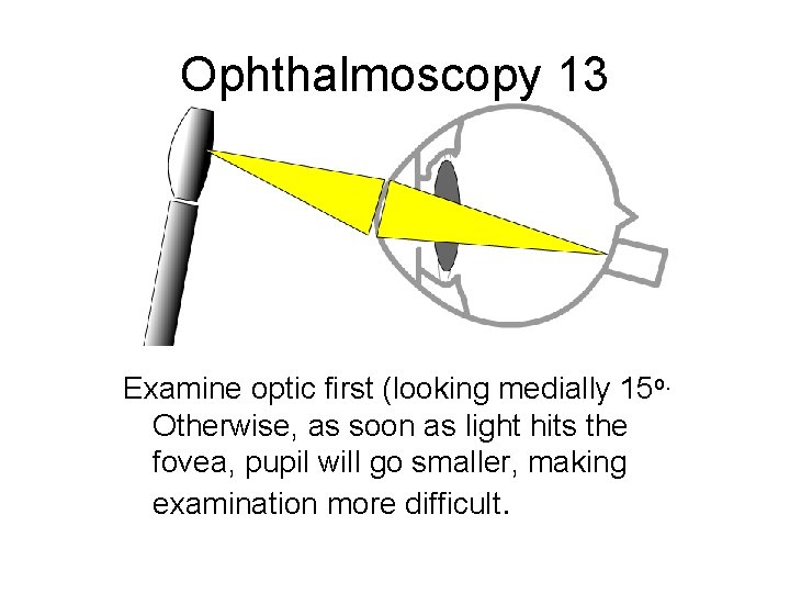 Ophthalmoscopy 13 Examine optic first (looking medially 15 o. Otherwise, as soon as light