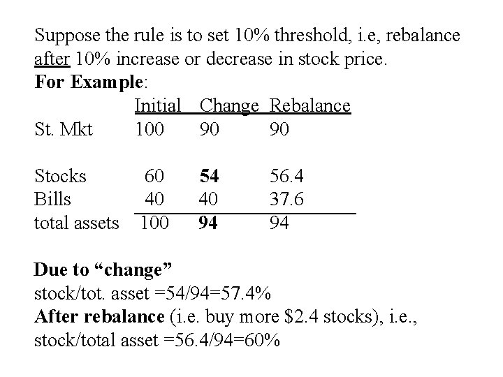Suppose the rule is to set 10% threshold, i. e, rebalance after 10% increase Suppose the rule is to set 10% threshold, i. e, rebalance after 10% increase