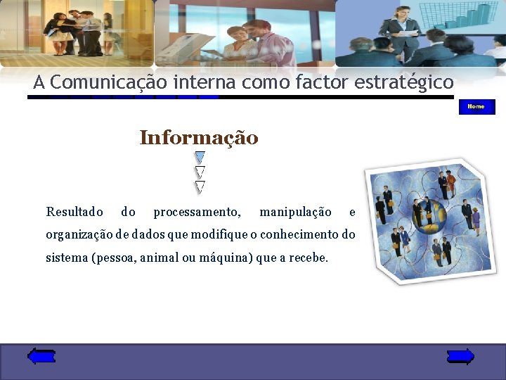 A Comunicação interna como factor estratégico Informação Resultado do processamento, manipulação e organização de