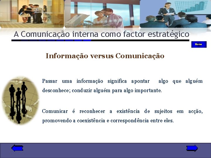 A Comunicação interna como factor estratégico Informação versus Comunicação Passar uma informação significa apontar