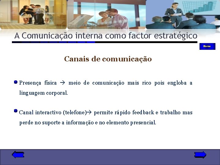 A Comunicação interna como factor estratégico Canais de comunicação Presença física meio de comunicação