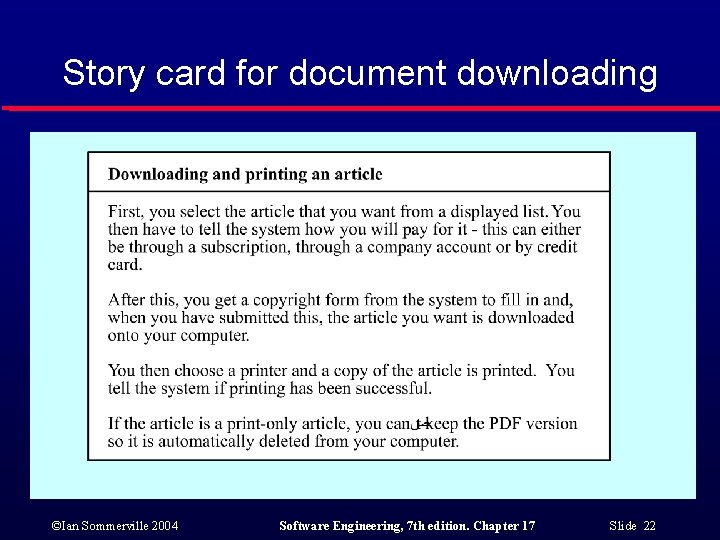 Story card for document downloading ©Ian Sommerville 2004 Software Engineering, 7 th edition. Chapter