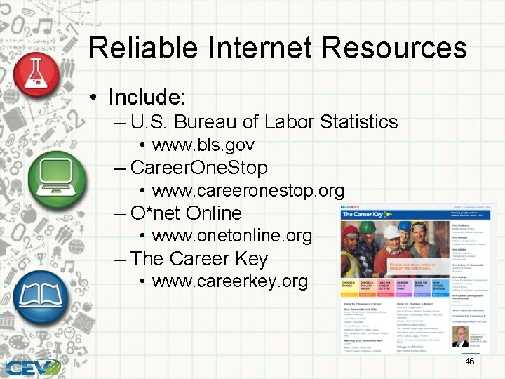 Reliable Internet Resources • Include: – U. S. Bureau of Labor Statistics • www.