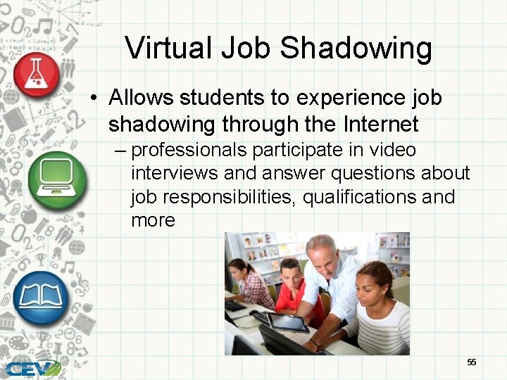 Virtual Job Shadowing • Allows students to experience job shadowing through the Internet –