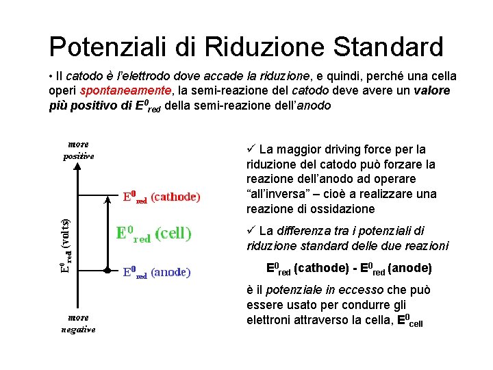 Potenziali di Riduzione Standard • Il catodo è l’elettrodo dove accade la riduzione, e