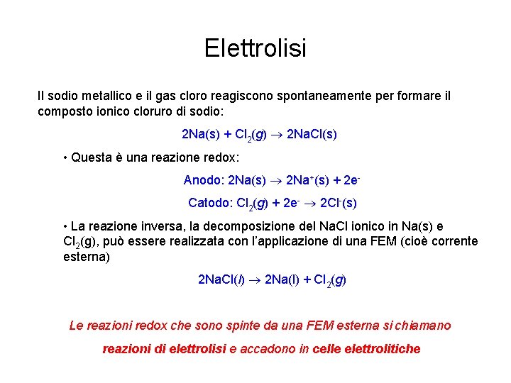 Elettrolisi Il sodio metallico e il gas cloro reagiscono spontaneamente per formare il composto