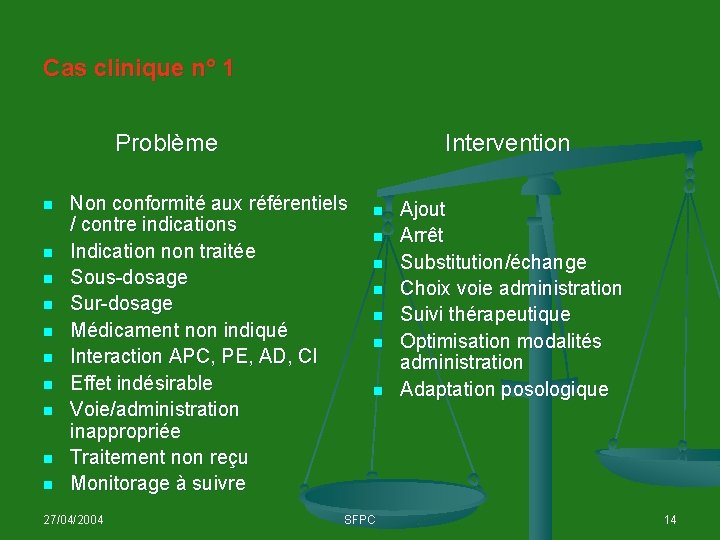 Cas clinique n° 1 Problème n n n n n Intervention Non conformité aux