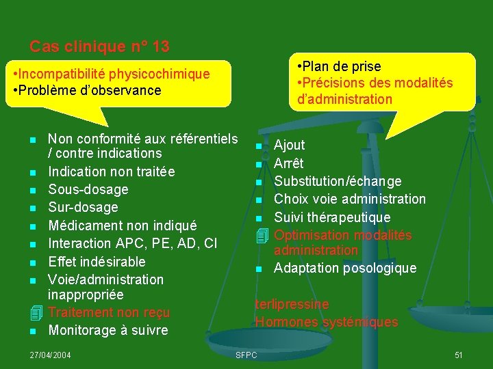 Cas clinique n° 13 • Plan de prise • Précisions des modalités d’administration Intervention