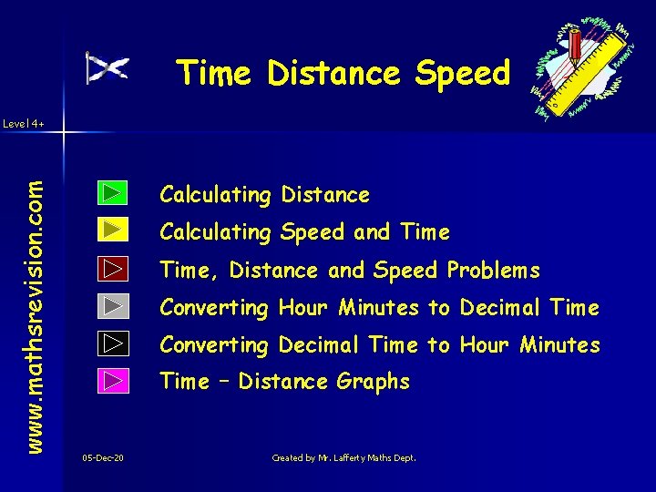 Time Distance Speed www. mathsrevision. com Level 4+ Calculating Distance Calculating Speed and Time,
