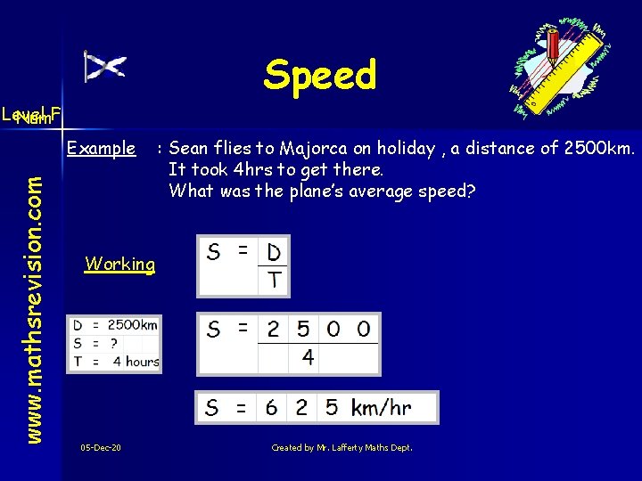 Speed Level Num. F www. mathsrevision. com Example : Sean flies to Majorca on