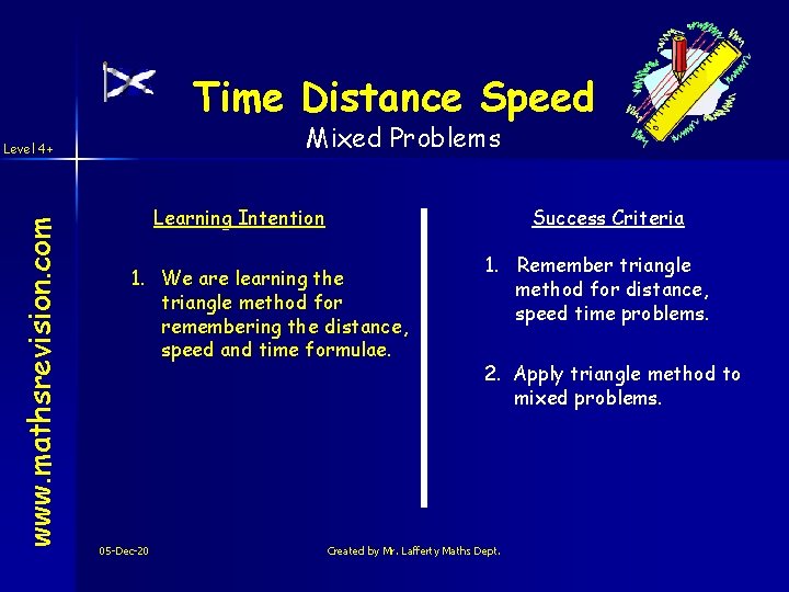 Time Distance Speed Mixed Problems www. mathsrevision. com Level 4+ Learning Intention Success Criteria