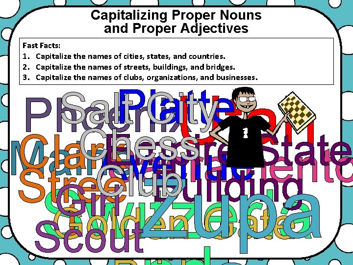 Capitalizing Proper Nouns and Proper Adjectives Fast Facts: 1. Capitalize the names of cities,