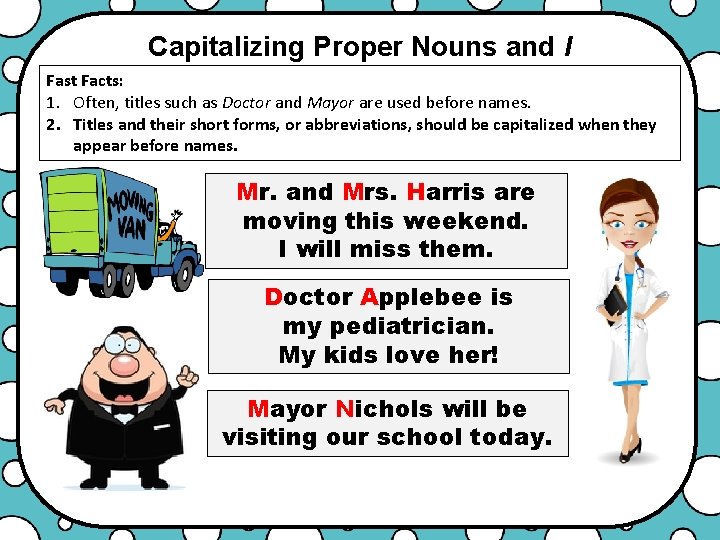 Capitalizing Proper Nouns and I Fast Facts: 1. Often, titles such as Doctor and