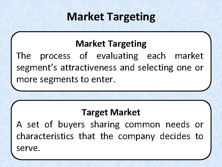 Market Targeting The process of evaluating each market segment’s attractiveness and selecting one or Market Targeting The process of evaluating each market segment’s attractiveness and selecting one or