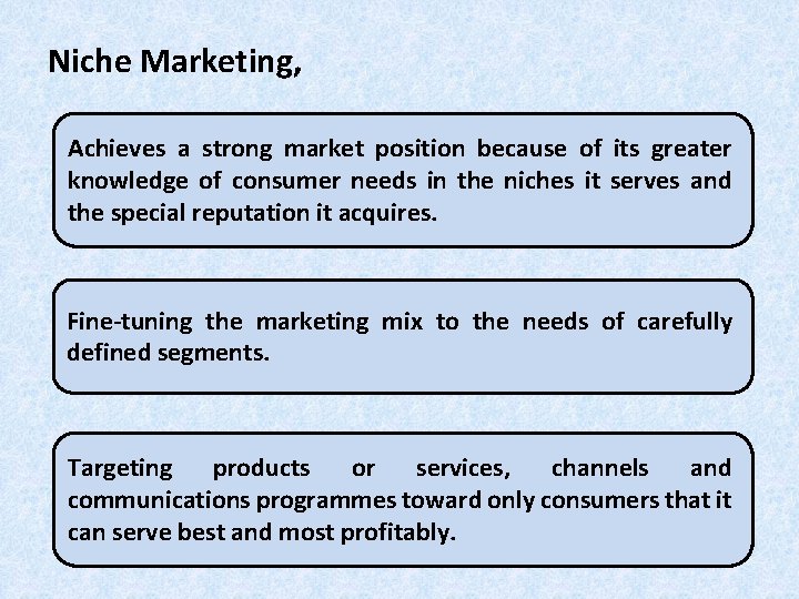 Niche Marketing, Achieves a strong market position because of its greater knowledge of consumer Niche Marketing, Achieves a strong market position because of its greater knowledge of consumer