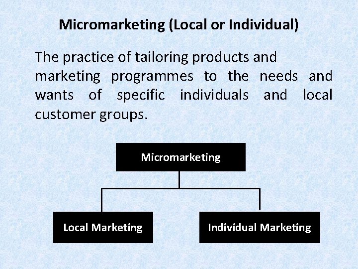 Micromarketing (Local or Individual) The practice of tailoring products and marketing programmes to the Micromarketing (Local or Individual) The practice of tailoring products and marketing programmes to the