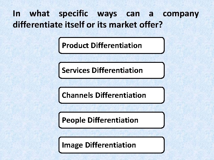 In what specific ways can a company differentiate itself or its market offer? Product In what specific ways can a company differentiate itself or its market offer? Product