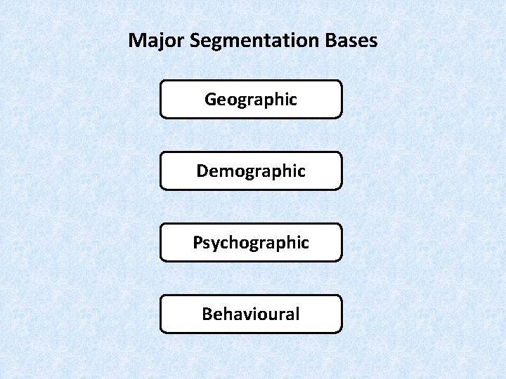 Major Segmentation Bases Geographic Demographic Psychographic Behavioural Major Segmentation Bases Geographic Demographic Psychographic Behavioural