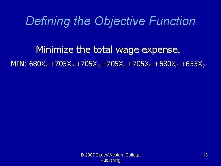 Defining the Objective Function Minimize the total wage expense. MIN: 680 X 1 +705