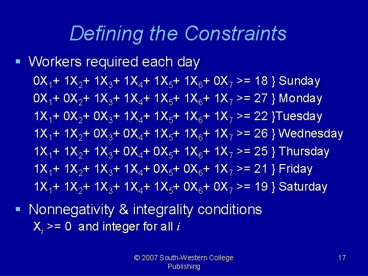 Defining the Constraints § Workers required each day 0 X 1+ 1 X 2+
