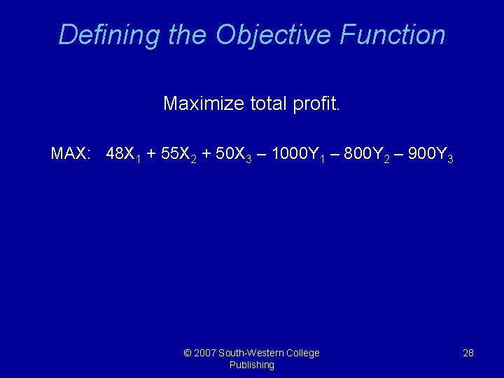 Defining the Objective Function Maximize total profit. MAX: 48 X 1 + 55 X