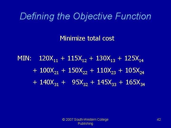 Defining the Objective Function Minimize total cost MIN: 120 X 11 + 115 X