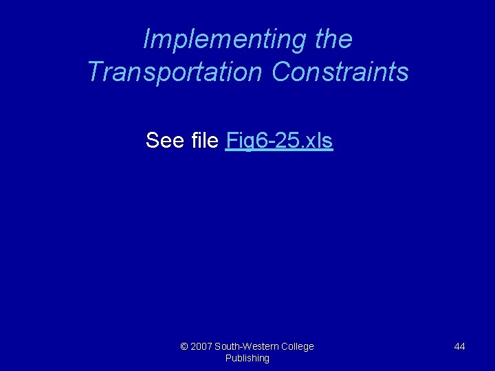 Implementing the Transportation Constraints See file Fig 6 -25. xls © 2007 South-Western College