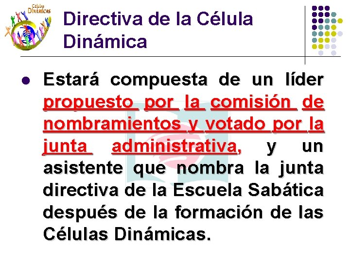 Directiva de la Célula Dinámica l Estará compuesta de un líder propuesto por la Directiva de la Célula Dinámica l Estará compuesta de un líder propuesto por la