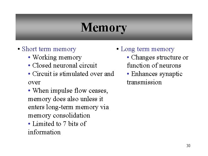 Memory • Short term memory • Long term memory • Working memory • Changes