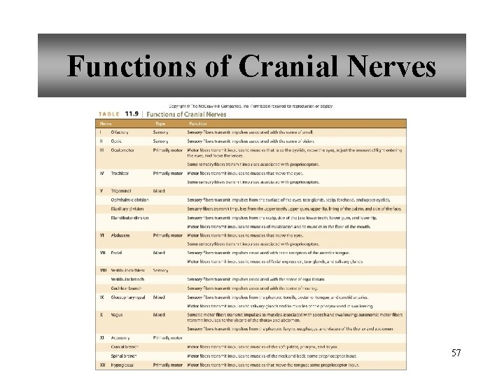 Functions of Cranial Nerves 57 