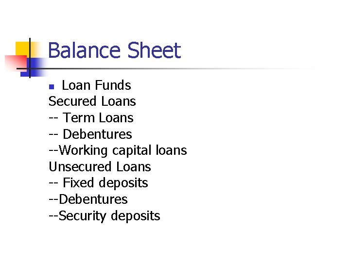 Balance Sheet Loan Funds Secured Loans -- Term Loans -- Debentures --Working capital loans