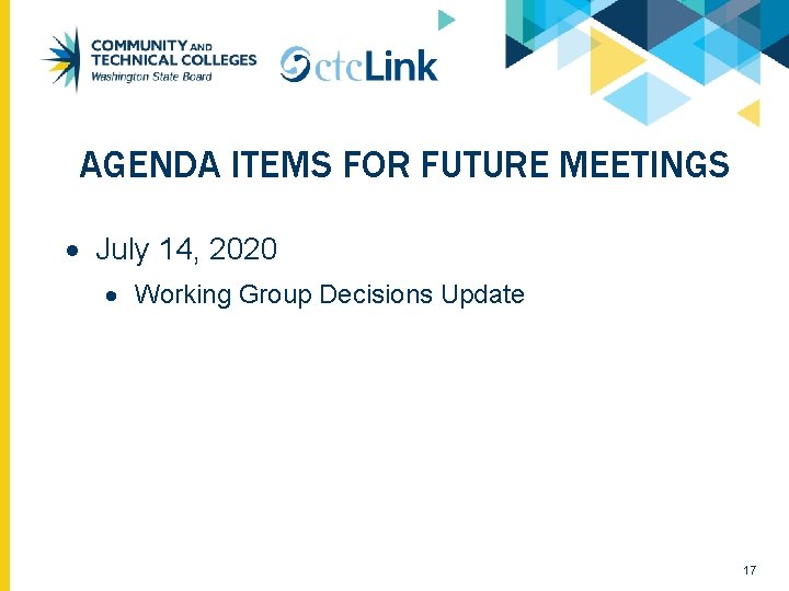 AGENDA ITEMS FOR FUTURE MEETINGS July 14, 2020 Working Group Decisions Update 17 